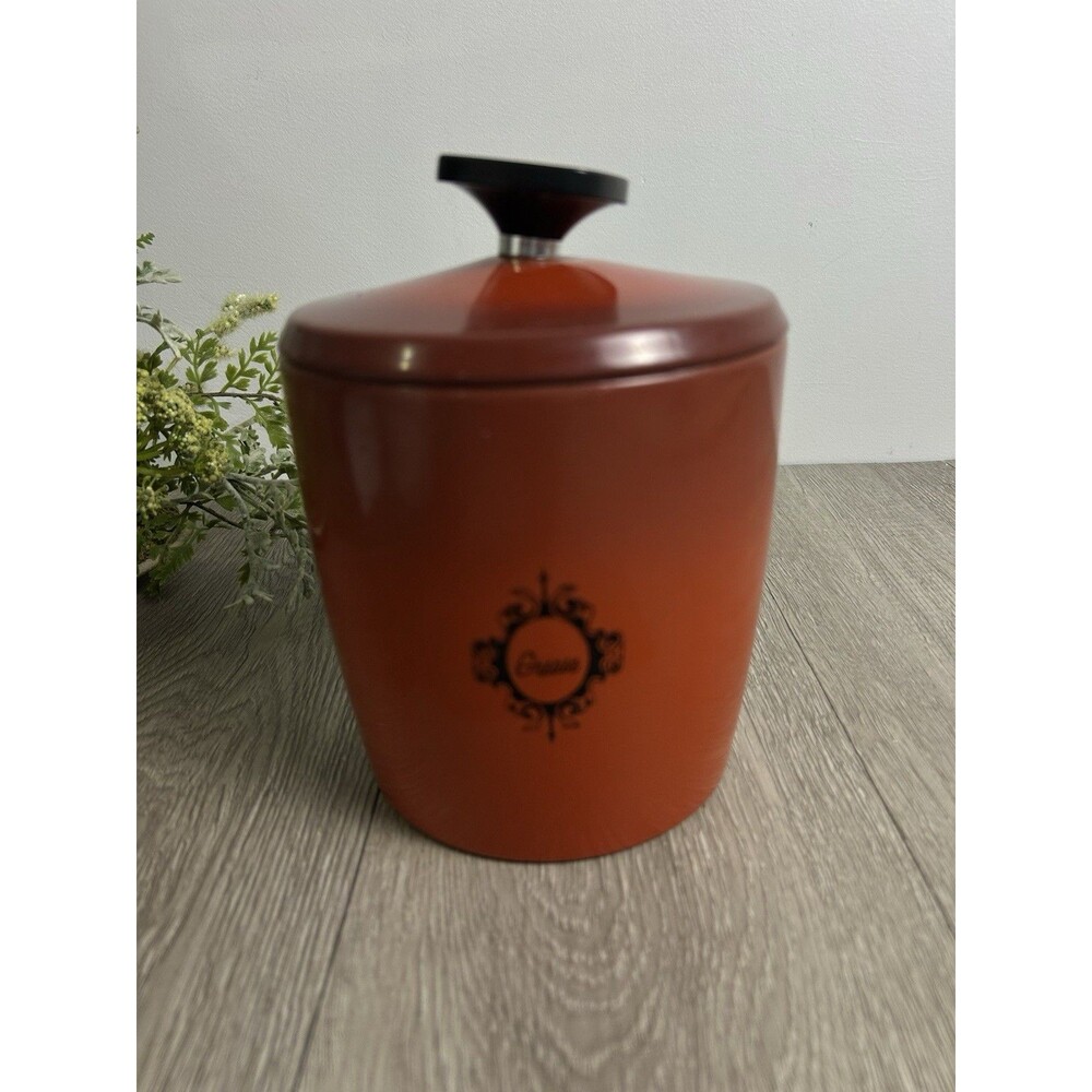 VTG West Bend Grease Metal Canister Jar Flame Orange Red MCM Mid-Century Modern
